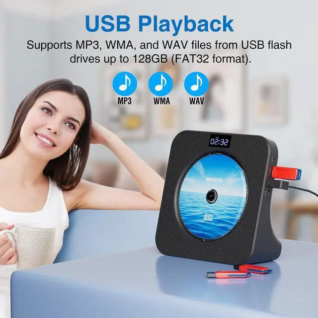 Alt view image 7 of 7 - Portable CD Player Bluetooth for Home, Desktop CD Player with Stereo Speakers, FM Radio, USB, LED Display, AUX/Headphone Jack, Remote Black