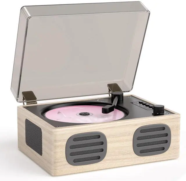 Main image of Portable Retro CD Player with Bluetooth Transmitter and Dual HiFi Speakers, LED Screen, Desktop Vintage Nostalgic Rechargeable CD Music Player for Home, Grey Wooden