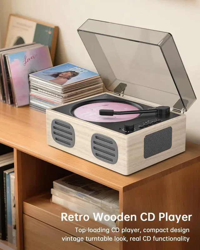 Alt view image 3 of 7 - Portable Retro CD Player with Bluetooth Transmitter and Dual HiFi Speakers, LED Screen, Desktop Vintage Nostalgic Rechargeable CD Music Player for Home, Grey Wooden