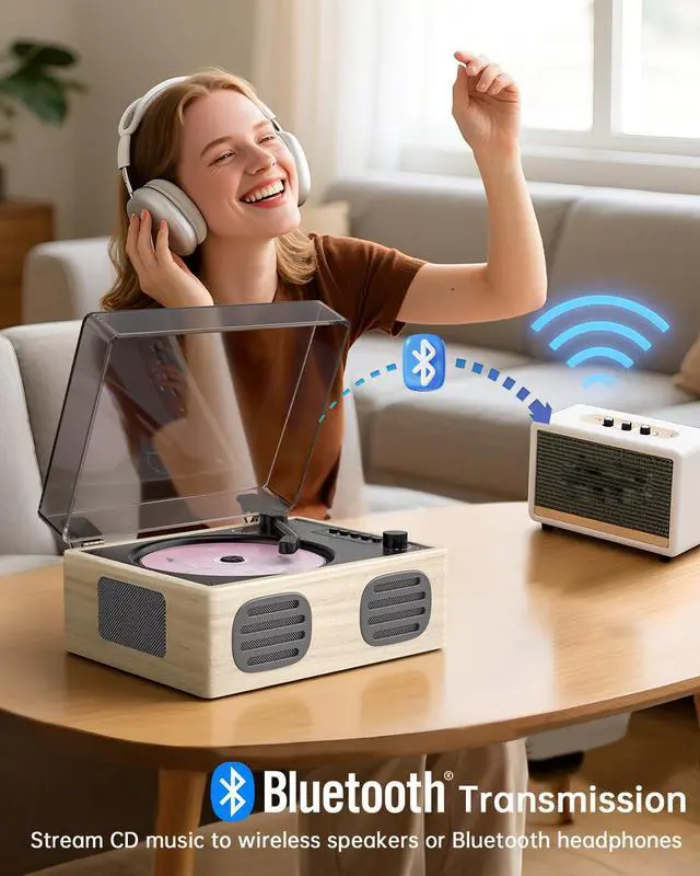 Alt view image 4 of 7 - Portable Retro CD Player with Bluetooth Transmitter and Dual HiFi Speakers, LED Screen, Desktop Vintage Nostalgic Rechargeable CD Music Player for Home, Grey Wooden