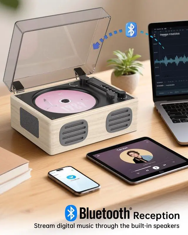 Alt view image 5 of 7 - Portable Retro CD Player with Bluetooth Transmitter and Dual HiFi Speakers, LED Screen, Desktop Vintage Nostalgic Rechargeable CD Music Player for Home, Grey Wooden