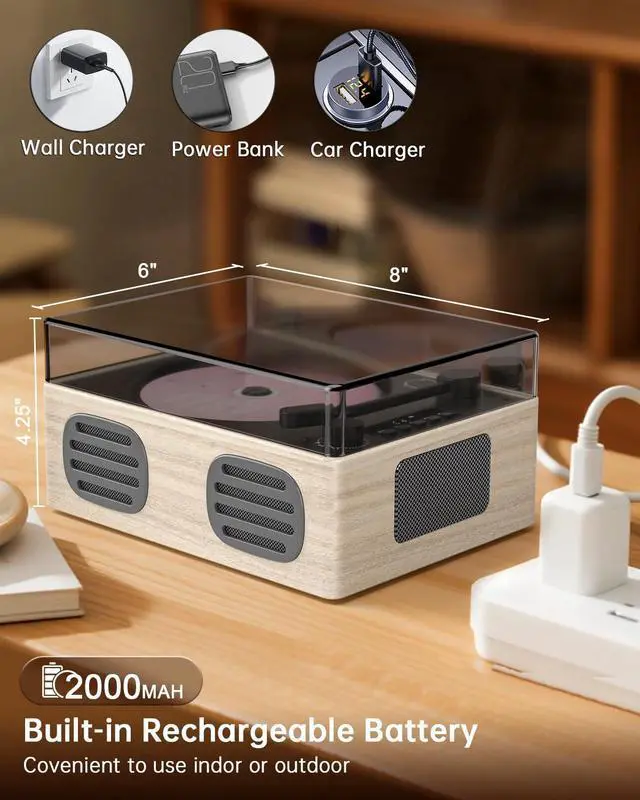 Alt view image 6 of 7 - Portable Retro CD Player with Bluetooth Transmitter and Dual HiFi Speakers, LED Screen, Desktop Vintage Nostalgic Rechargeable CD Music Player for Home, Grey Wooden