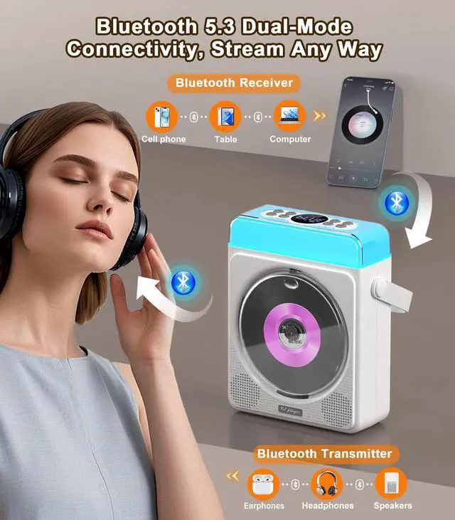 Alt view image 5 of 7 - Portable CD Player with Bluetooth & RGB Lights, 4000mAh Rechargeable Personal CD Player with Speakers & Remote, Bass Boost, USB/TF/AUX Support, Portable Bluetooth CD Player for Home/Outdoor Use (White