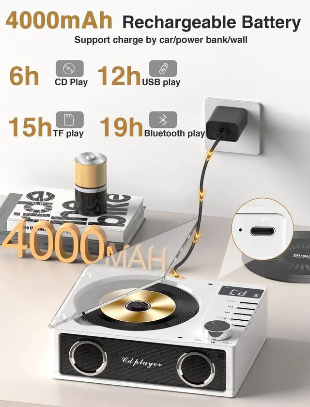 Alt view image 2 of 6 - 4000mAh Rechargeable CD Player with Bluetooth CD Player Wtih Dual Big Speakers,Retro CD Music Player with Remote Control, LCD Display, Support Opt/USB/TF Card/AUX/3.5mm Headphone Jack for Car Or Home