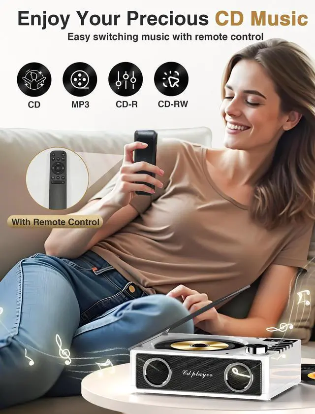 Alt view image 3 of 6 - 4000mAh Rechargeable CD Player with Bluetooth CD Player Wtih Dual Big Speakers,Retro CD Music Player with Remote Control, LCD Display, Support Opt/USB/TF Card/AUX/3.5mm Headphone Jack for Car Or Home