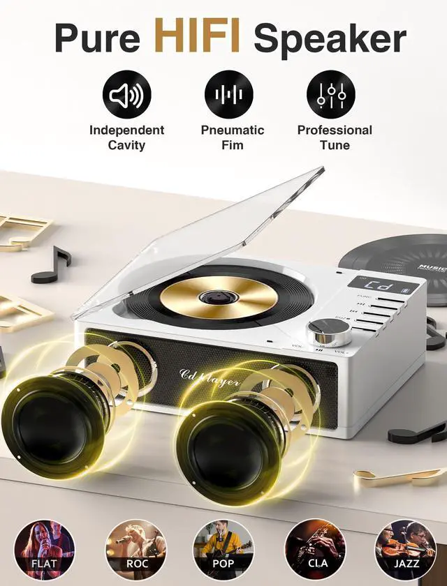 Alt view image 4 of 6 - 4000mAh Rechargeable CD Player with Bluetooth CD Player Wtih Dual Big Speakers,Retro CD Music Player with Remote Control, LCD Display, Support Opt/USB/TF Card/AUX/3.5mm Headphone Jack for Car Or Home