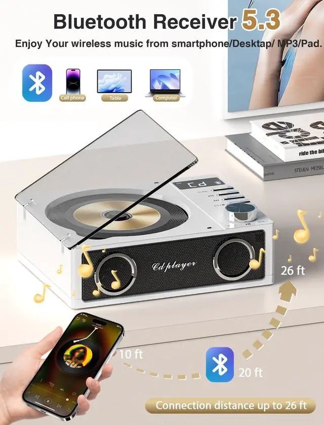 Alt view image 6 of 6 - 4000mAh Rechargeable CD Player with Bluetooth CD Player Wtih Dual Big Speakers,Retro CD Music Player with Remote Control, LCD Display, Support Opt/USB/TF Card/AUX/3.5mm Headphone Jack for Car Or Home