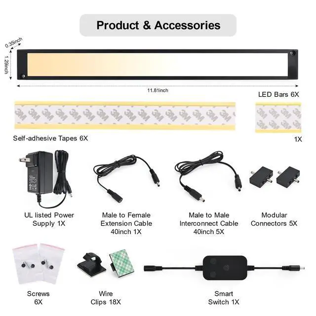 Alt view image 2 of 7 - 6pack 12inch Dimmable LED Under Cabinet Light Kit, 2700K to 6000K Smart LED Under Counter Lighting Fixture, Compatible with Alexa, Google Assistant, for Kitchen, Pantry, Shelf (Black)