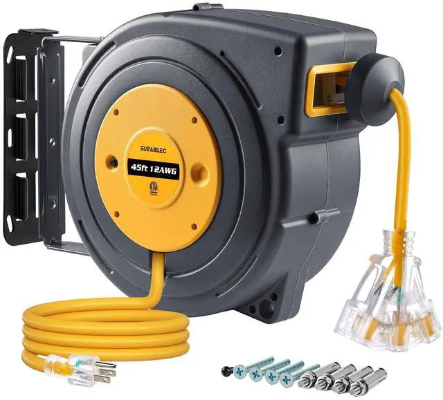 Main image of 12 Gauge Extension Cord Reel, 45 FT Retractable Extension Cord, 12 AWG/3C SJTOW Heavy Duty Power Cord, 15 AMP Circuit Breaker, Lighted Triple Tap, Ceiling or Wall Mount, ETL Listed