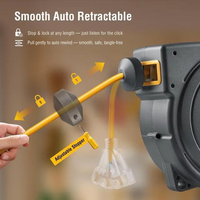 Alt view image 5 of 7 - 12 Gauge Extension Cord Reel, 45 FT Retractable Extension Cord, 12 AWG/3C SJTOW Heavy Duty Power Cord, 15 AMP Circuit Breaker, Lighted Triple Tap, Ceiling or Wall Mount, ETL Listed