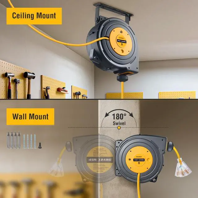 Alt view image 6 of 7 - 12 Gauge Extension Cord Reel, 45 FT Retractable Extension Cord, 12 AWG/3C SJTOW Heavy Duty Power Cord, 15 AMP Circuit Breaker, Lighted Triple Tap, Ceiling or Wall Mount, ETL Listed