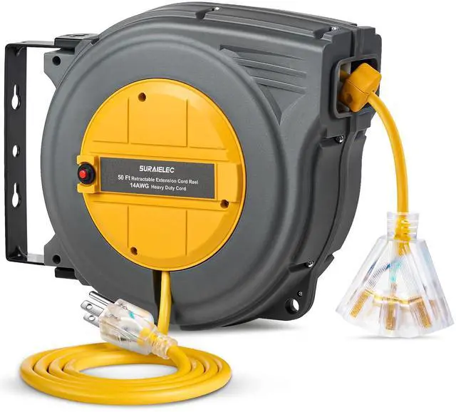Main image of 50 FT Retractable Extension Cord Reel, 14AWG/3C SJTW Power Cord Storage Reel, 3 Outlets Triple Tap, 13A Circuit Breaker, Wall Mount/Ceiling Hanging for Workshop, Garage, ETL Listed