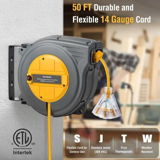 Alt view image 2 of 7 - 50 FT Retractable Extension Cord Reel, 14AWG/3C SJTW Power Cord Storage Reel, 3 Outlets Triple Tap, 13A Circuit Breaker, Wall Mount/Ceiling Hanging for Workshop, Garage, ETL Listed