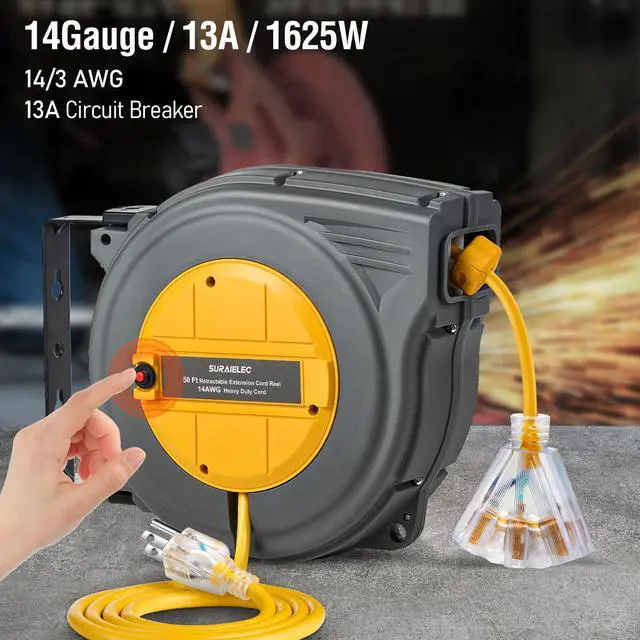 Alt view image 3 of 7 - 50 FT Retractable Extension Cord Reel, 14AWG/3C SJTW Power Cord Storage Reel, 3 Outlets Triple Tap, 13A Circuit Breaker, Wall Mount/Ceiling Hanging for Workshop, Garage, ETL Listed