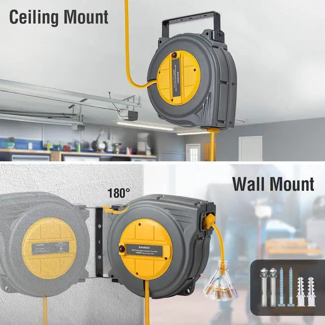 Alt view image 6 of 7 - 50 FT Retractable Extension Cord Reel, 14AWG/3C SJTW Power Cord Storage Reel, 3 Outlets Triple Tap, 13A Circuit Breaker, Wall Mount/Ceiling Hanging for Workshop, Garage, ETL Listed