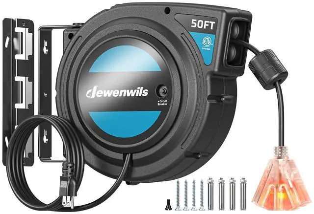 Main image of Extension Cord Reel with Twist-lock Stopper, Brighter Triple Tap Outlet Heavy Duty Power Retractable Cord Reel, 180° Swivel Bracket for Ceiling or Wall Mount, ETL Listed, Black