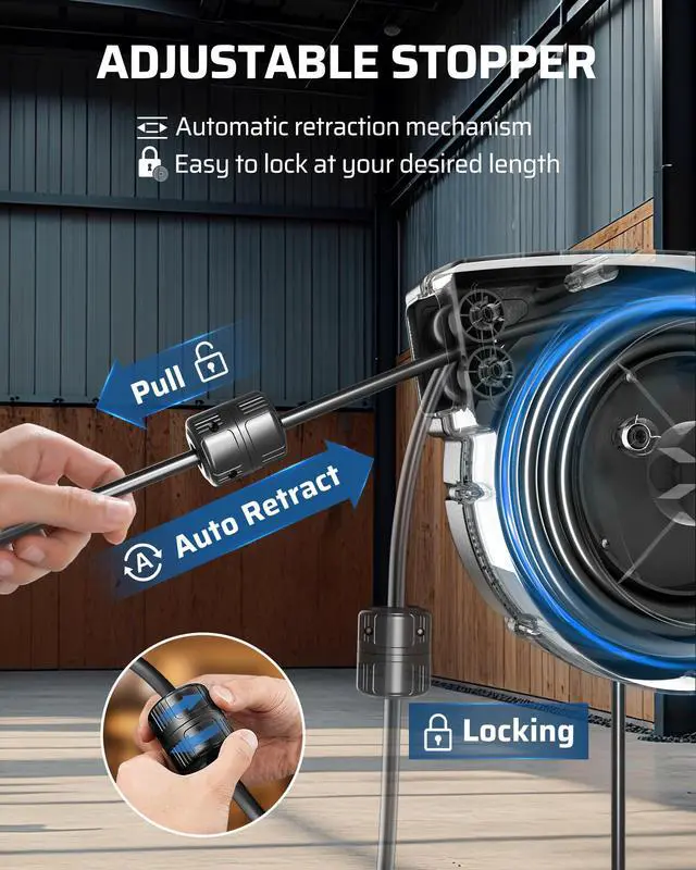 Alt view image 2 of 7 - Extension Cord Reel with Twist-lock Stopper, Brighter Triple Tap Outlet Heavy Duty Power Retractable Cord Reel, 180° Swivel Bracket for Ceiling or Wall Mount, ETL Listed, Black