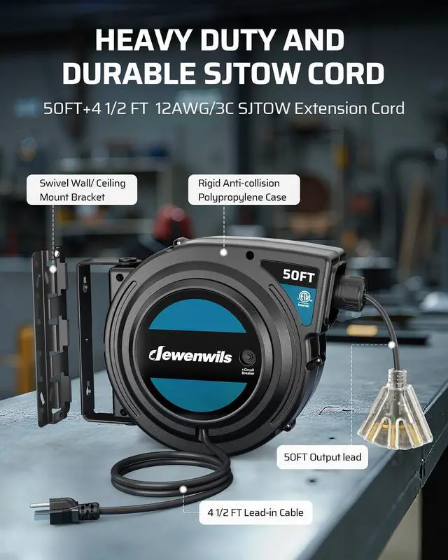 Alt view image 6 of 7 - Extension Cord Reel with Twist-lock Stopper, Brighter Triple Tap Outlet Heavy Duty Power Retractable Cord Reel, 180° Swivel Bracket for Ceiling or Wall Mount, ETL Listed, Black