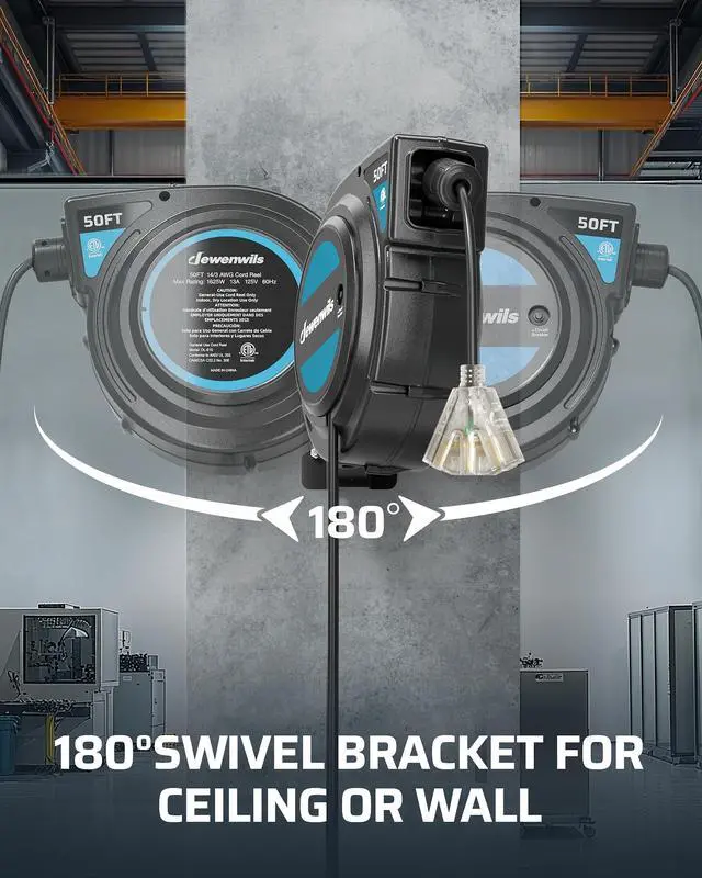 Alt view image 4 of 7 - Extension Cord Reel with Twist-lock Stopper, Brighter Triple Tap Outlet Heavy Duty Power Retractable Cord Reel, 180° Swivel Bracket for Ceiling or Wall Mount, ETL Listed, Black