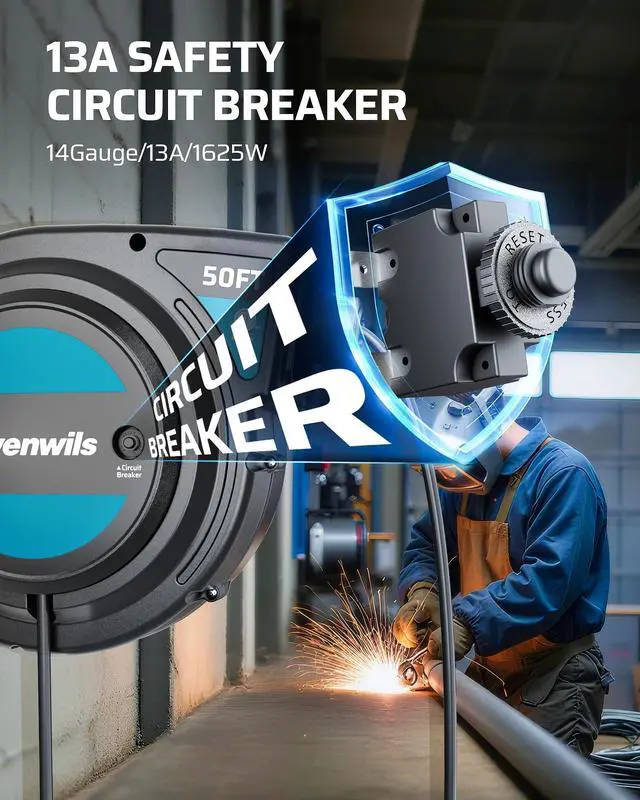 Alt view image 7 of 7 - Extension Cord Reel with Twist-lock Stopper, Brighter Triple Tap Outlet Heavy Duty Power Retractable Cord Reel, 180° Swivel Bracket for Ceiling or Wall Mount, ETL Listed, Black