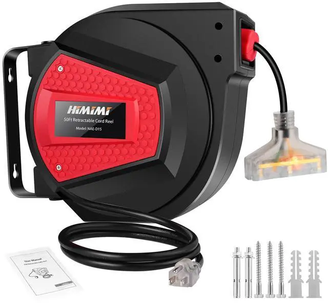 Main image of Retractable Extension Cord Reel, 50FT 14AWG/3C Power Cord Reel for Garage Workshop, Wall/Ceiling Mounted Extension Cord Reel, 3-Lighted Triple Outlets, UL Listed, 13A Circuit Breaker