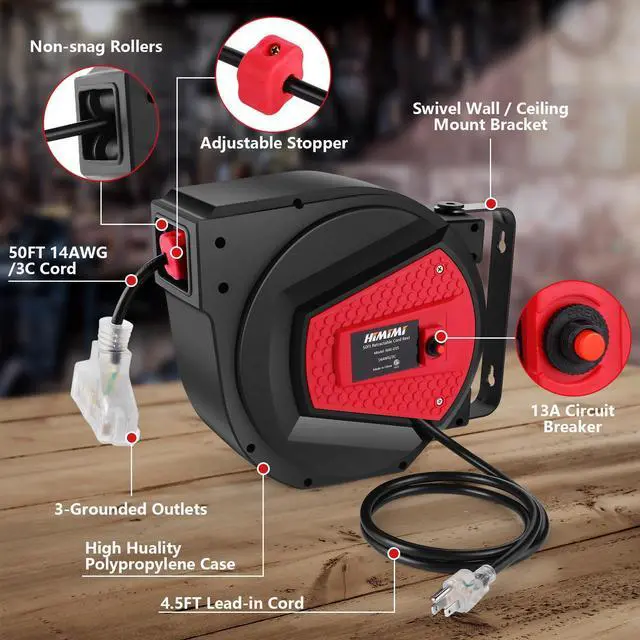 Alt view image 2 of 7 - Retractable Extension Cord Reel, 50FT 14AWG/3C Power Cord Reel for Garage Workshop, Wall/Ceiling Mounted Extension Cord Reel, 3-Lighted Triple Outlets, UL Listed, 13A Circuit Breaker