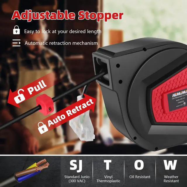 Alt view image 3 of 7 - Retractable Extension Cord Reel, 50FT 14AWG/3C Power Cord Reel for Garage Workshop, Wall/Ceiling Mounted Extension Cord Reel, 3-Lighted Triple Outlets, UL Listed, 13A Circuit Breaker