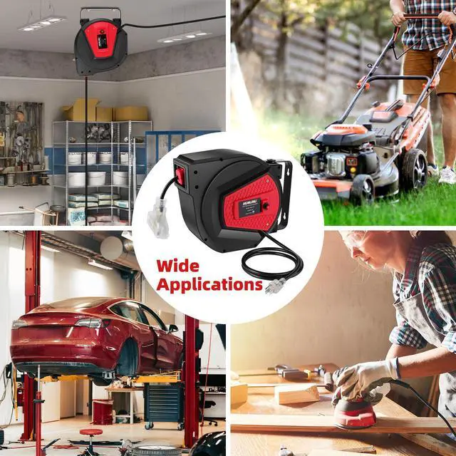 Alt view image 4 of 7 - Retractable Extension Cord Reel, 50FT 14AWG/3C Power Cord Reel for Garage Workshop, Wall/Ceiling Mounted Extension Cord Reel, 3-Lighted Triple Outlets, UL Listed, 13A Circuit Breaker