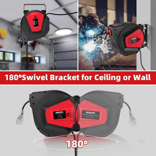 Alt view image 5 of 7 - Retractable Extension Cord Reel, 50FT 14AWG/3C Power Cord Reel for Garage Workshop, Wall/Ceiling Mounted Extension Cord Reel, 3-Lighted Triple Outlets, UL Listed, 13A Circuit Breaker