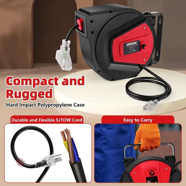 Alt view image 6 of 7 - Retractable Extension Cord Reel, 50FT 14AWG/3C Power Cord Reel for Garage Workshop, Wall/Ceiling Mounted Extension Cord Reel, 3-Lighted Triple Outlets, UL Listed, 13A Circuit Breaker
