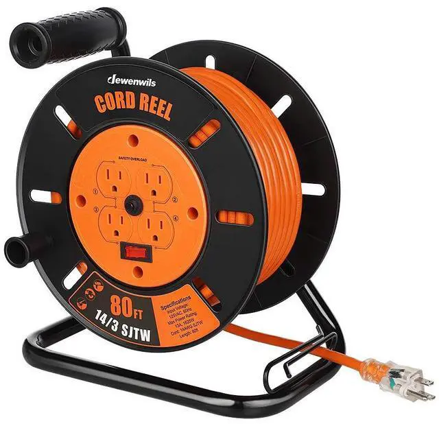 Main image of Retractable Extension Cord Reel, 80FT Heavy Duty Open Cord Reel for Indoor Outdoor, 14/3 AWG SJTW, 4 Grounded Outlets, 13 Amp Circuit Breaker,Handle Rewind, Metal Stand, ETL Listed