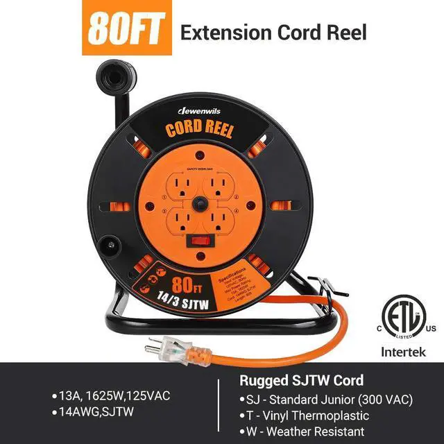 Alt view image 2 of 6 - Retractable Extension Cord Reel, 80FT Heavy Duty Open Cord Reel for Indoor Outdoor, 14/3 AWG SJTW, 4 Grounded Outlets, 13 Amp Circuit Breaker,Handle Rewind, Metal Stand, ETL Listed