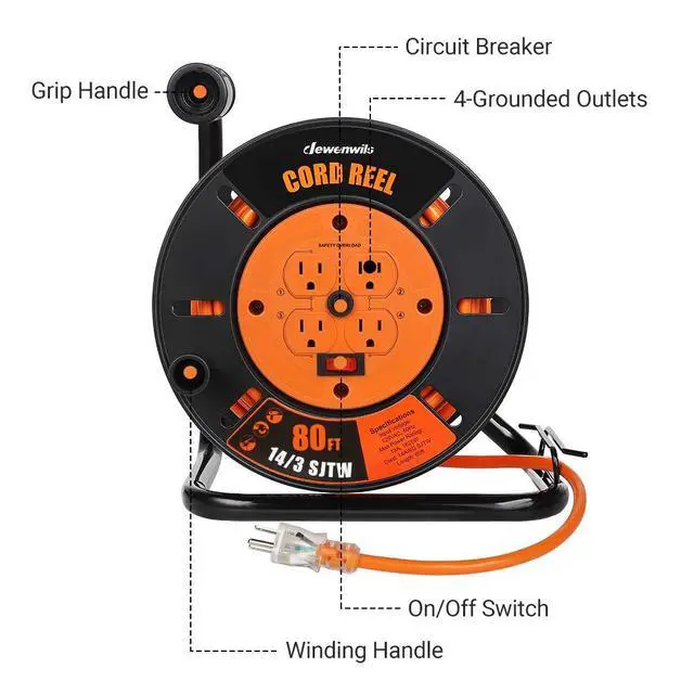 Alt view image 3 of 6 - Retractable Extension Cord Reel, 80FT Heavy Duty Open Cord Reel for Indoor Outdoor, 14/3 AWG SJTW, 4 Grounded Outlets, 13 Amp Circuit Breaker,Handle Rewind, Metal Stand, ETL Listed