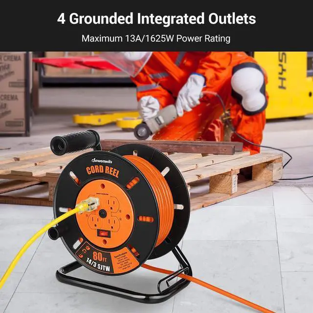 Alt view image 4 of 6 - Retractable Extension Cord Reel, 80FT Heavy Duty Open Cord Reel for Indoor Outdoor, 14/3 AWG SJTW, 4 Grounded Outlets, 13 Amp Circuit Breaker,Handle Rewind, Metal Stand, ETL Listed