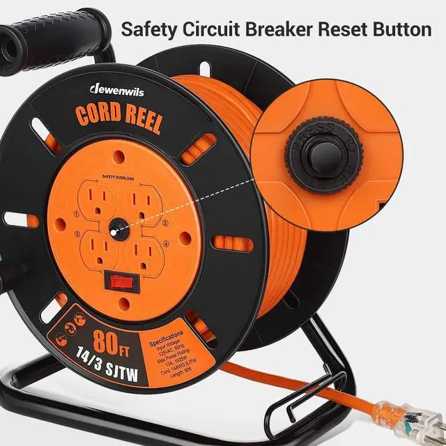 Alt view image 5 of 6 - Retractable Extension Cord Reel, 80FT Heavy Duty Open Cord Reel for Indoor Outdoor, 14/3 AWG SJTW, 4 Grounded Outlets, 13 Amp Circuit Breaker,Handle Rewind, Metal Stand, ETL Listed