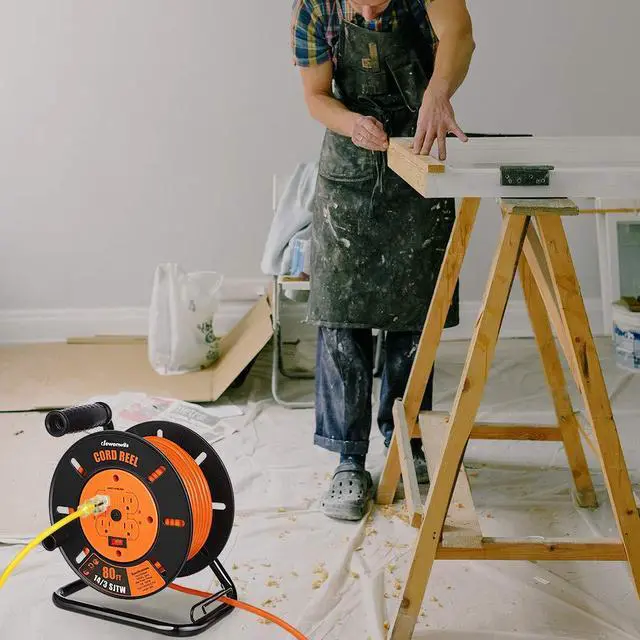 Alt view image 6 of 6 - Retractable Extension Cord Reel, 80FT Heavy Duty Open Cord Reel for Indoor Outdoor, 14/3 AWG SJTW, 4 Grounded Outlets, 13 Amp Circuit Breaker,Handle Rewind, Metal Stand, ETL Listed