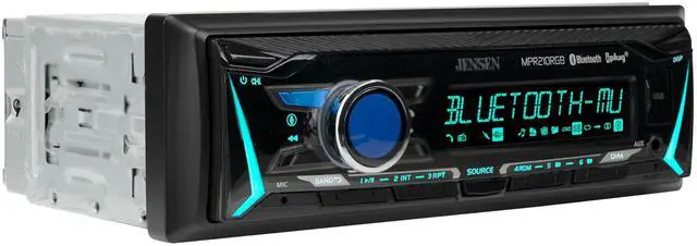 Main image of MPR210RGB | 12 Character LCD Single DIN Car Stereo | RGB Custom Colors | Push to Talk Assistant | Bluetooth Hands Free Calling Music Streaming | AM/FM Radio | USB Playback & Charging