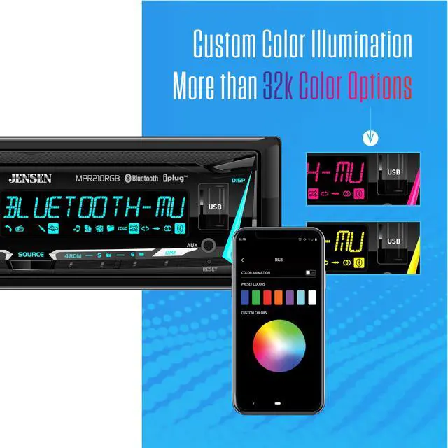 Alt view image 3 of 6 - MPR210RGB | 12 Character LCD Single DIN Car Stereo | RGB Custom Colors | Push to Talk Assistant | Bluetooth Hands Free Calling Music Streaming | AM/FM Radio | USB Playback & Charging