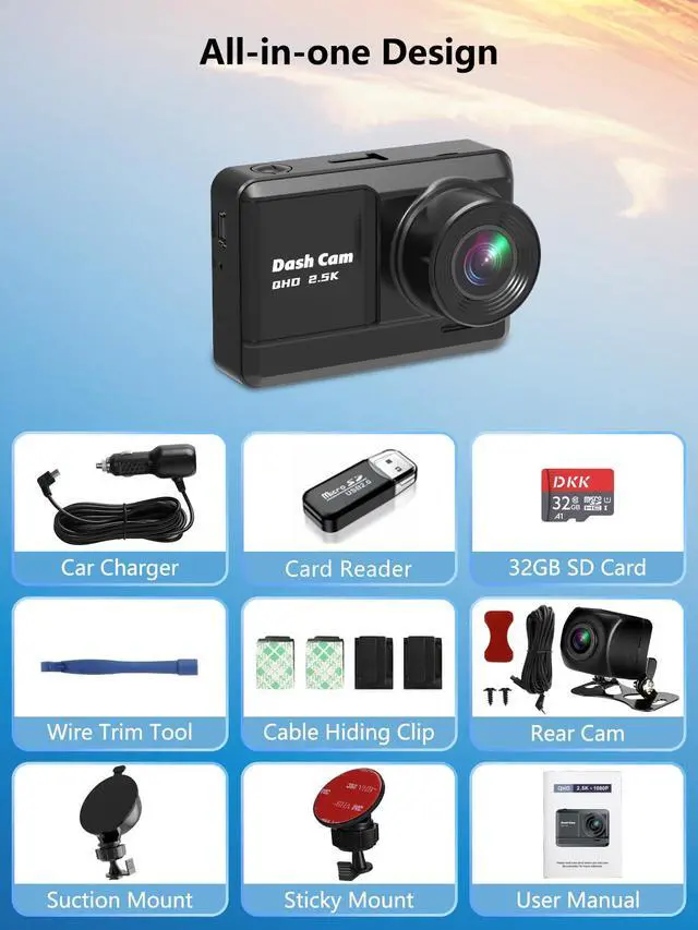 Alt view image 7 of 7 - Dash Cam Front and Rear, 2.5K+1080P Dual Dash Camera for Cars with 32GB SD Card, 2.45 inch IPS Screen, 2 Mounting Ways, Night Vision, WDR, Accident Lock, Loop Recording, Parking Monitor