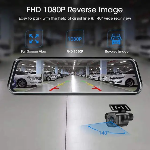Alt view image 6 of 7 - 10'' Mirror Dash Cam Night Vision 1080P FHD Full Touch Screen Front and Rear View Backup Camera for Cars Loop Recording Streaming Media 170°Wide Angle Parking Assistance with 10 Meters Cable