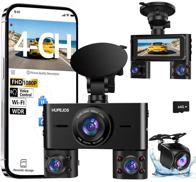 Main image of 360° Dash Cam Front and Rear Inside, 4 Channel Dash Camera for Cars FHD 1080Px4, Built-in Wi-Fi, 3.16 IPS Screen, WDR Night Vision, Voice Control, Included 64GB Card, 24H Parking Mode