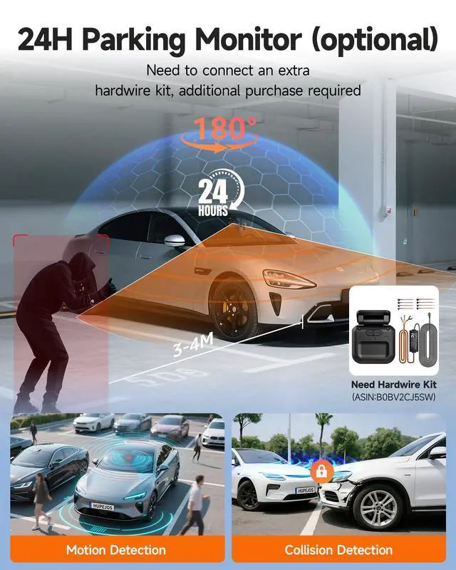 Alt view image 6 of 7 - 360° Dash Cam Front and Rear Inside, 4 Channel Dash Camera for Cars FHD 1080Px4, Built-in Wi-Fi, 3.16 IPS Screen, WDR Night Vision, Voice Control, Included 64GB Card, 24H Parking Mode