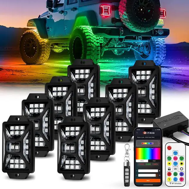 Main image of 8 Pods Five Sided RGB Rock Lights for Trucks Jeep UTV SUV ATV Golf Cart, Multi Chasing Color App/Remote Control Led Rock Lights with Music Mode, Waterproof Exterior Underglow Kits for Cars