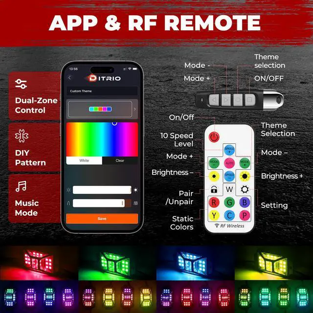 Alt view image 2 of 6 - 8 Pods Five Sided RGB Rock Lights for Trucks Jeep UTV SUV ATV Golf Cart, Multi Chasing Color App/Remote Control Led Rock Lights with Music Mode, Waterproof Exterior Underglow Kits for Cars