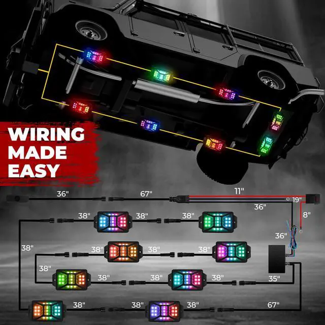 Alt view image 5 of 6 - 8 Pods Five Sided RGB Rock Lights for Trucks Jeep UTV SUV ATV Golf Cart, Multi Chasing Color App/Remote Control Led Rock Lights with Music Mode, Waterproof Exterior Underglow Kits for Cars