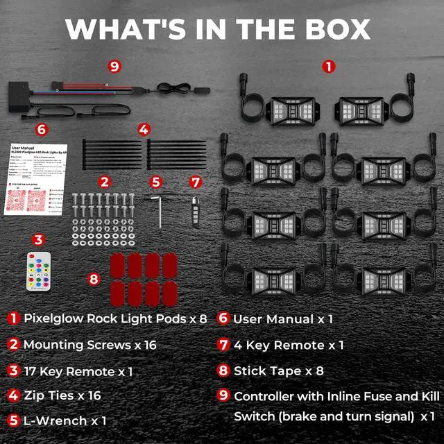 Alt view image 6 of 6 - 8 Pods Five Sided RGB Rock Lights for Trucks Jeep UTV SUV ATV Golf Cart, Multi Chasing Color App/Remote Control Led Rock Lights with Music Mode, Waterproof Exterior Underglow Kits for Cars