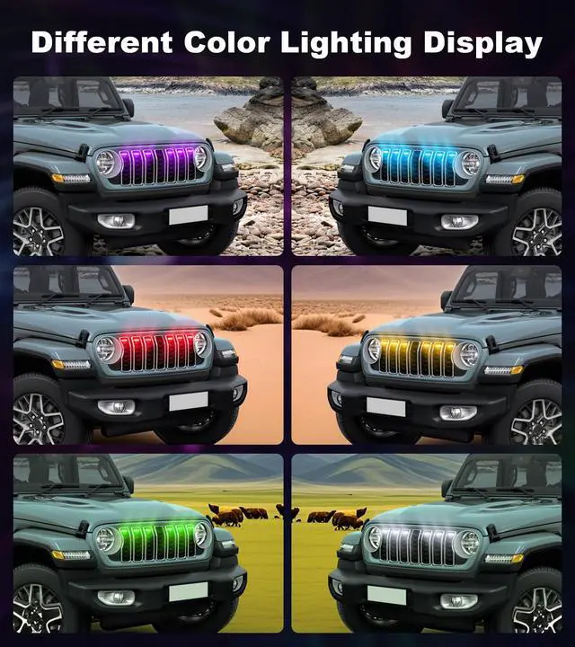 Alt view image 4 of 7 - Grill Lights for Jeep Wrangler JL JLU Front Bumper Grille LED Running Marker Lamp Accessories (RGB, 2024-2025)