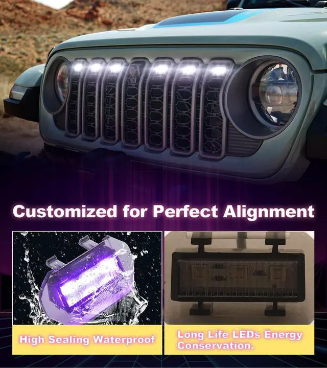 Alt view image 6 of 7 - Grill Lights for Jeep Wrangler JL JLU Front Bumper Grille LED Running Marker Lamp Accessories (RGB, 2024-2025)