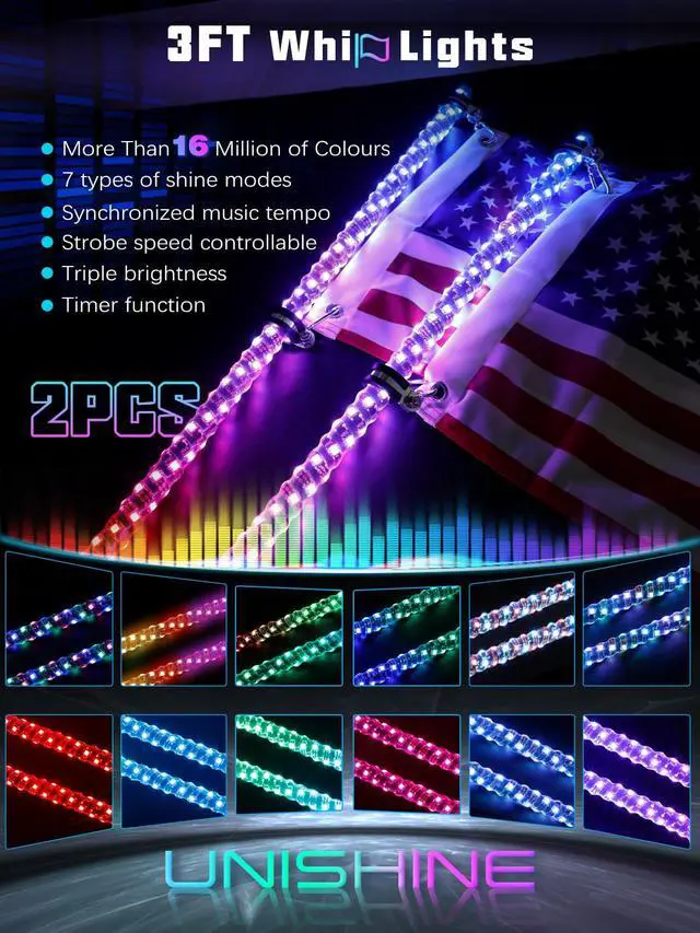 Alt view image 2 of 7 - 2PCS 3FT LED Whip Lights with Spring Base Spiral RGB Chasing Lights with APP & Remote Control, Music Antenna Whip Light for Can-Am UTV ATV RZR Can-Am SXS Polaris Offroad Truck