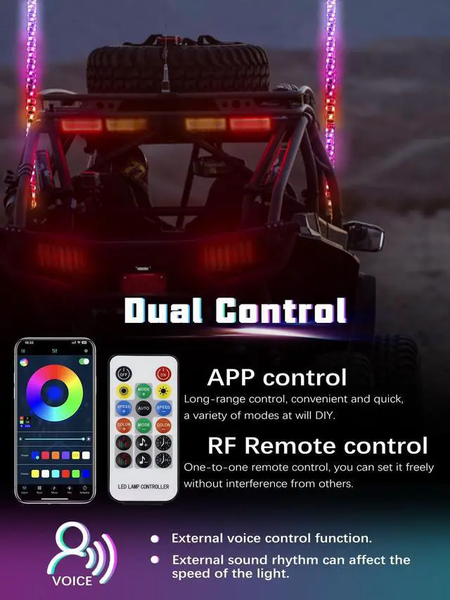 Alt view image 4 of 7 - 2PCS 3FT LED Whip Lights with Spring Base Spiral RGB Chasing Lights with APP & Remote Control, Music Antenna Whip Light for Can-Am UTV ATV RZR Can-Am SXS Polaris Offroad Truck